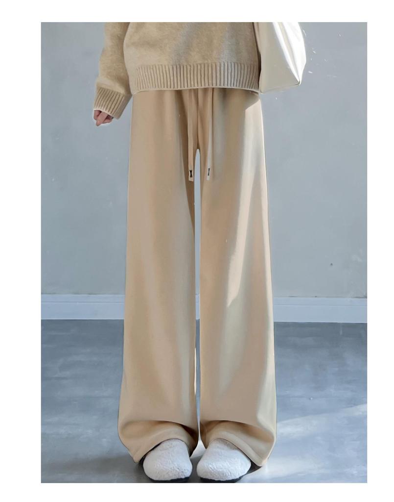 Women's High-Waisted Corduroy Pants - White Fluffy Lambswool, Wide-Leg, Plus Velvet Thickened & Slimming for Autumn/Winter