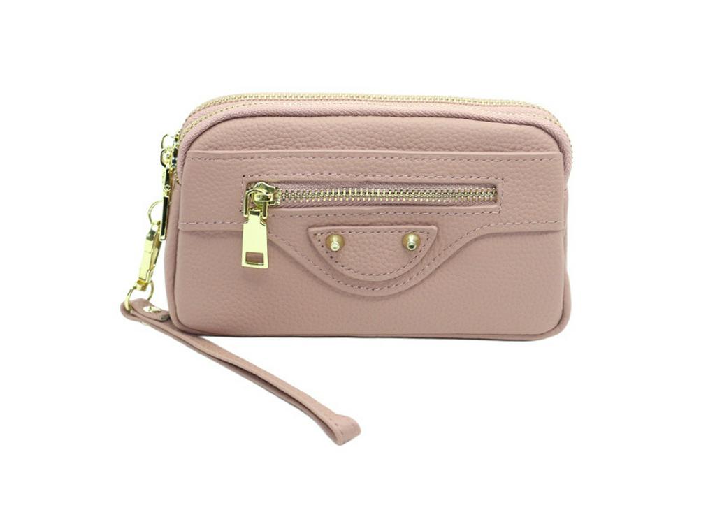 Women's Genuine Leather Long Wallet with Double Zipper and Phone Holder