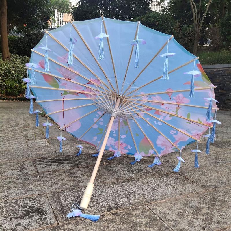 1PC Umbrella 70/82CM Oil Paper for Women Girl Performance Photo Props Antique Umbrella Parasol Satin Cloth Tassel