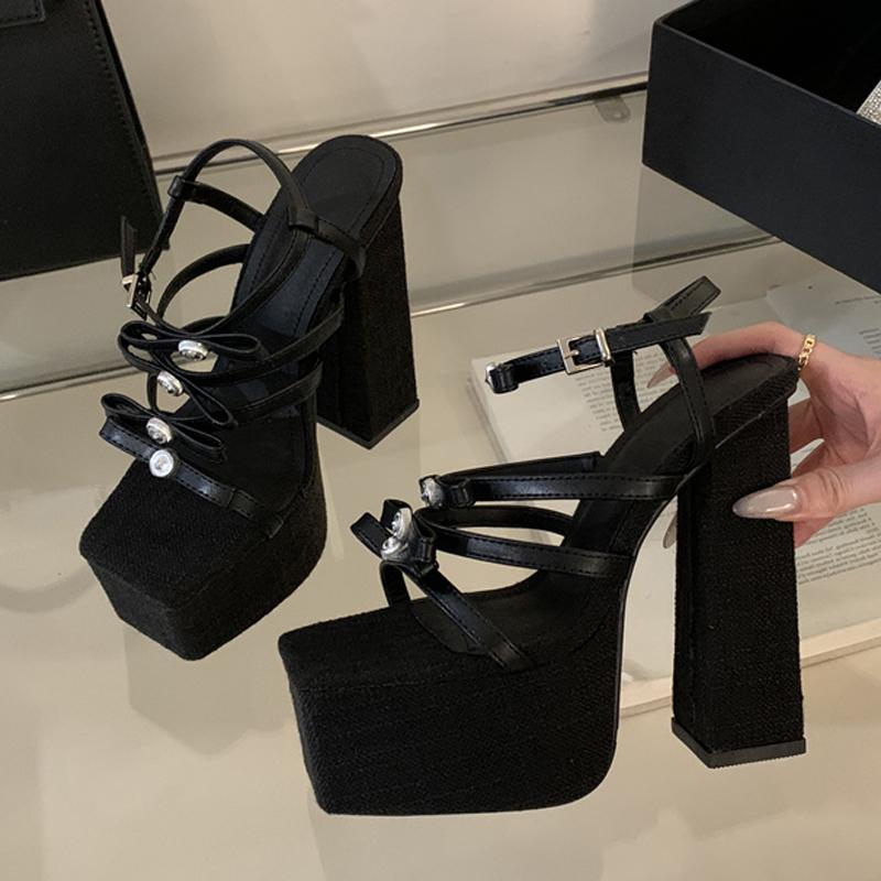 

Liyke Модный дизайн Женские босоножки на платформе с кристаллами и металлическим бантом из дерева с толстой подошвой и квадратным носком на очень высоком каблуке Туфли для выпускного вечера 35