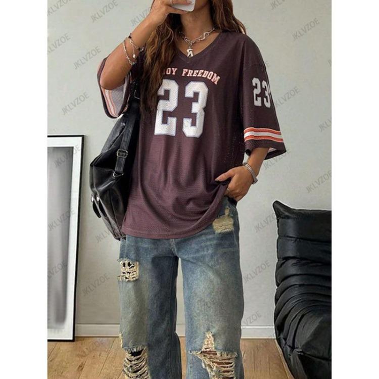 Y2K Oversized T Shirt For Women Summer Black V Neck Short Sleeve Mesh Football Jersey Sports Top Enjoy Freedom Print