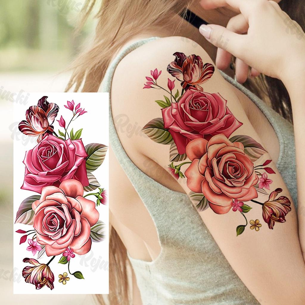 1 Sheet Black Flower Temporary Tattoos For Women Girls Realistic Fake Flora Floral Peony Tattoo Sticker Body Art Painting Decal