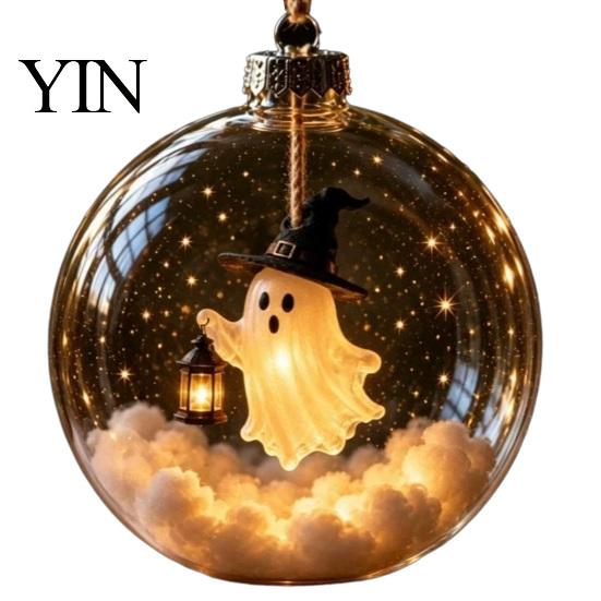 Festive Hanging Decoration Halloween Clear Ball Decoration, Glowing Sphere Ornament with Skeleton, Pendants Pumpkin, Spider Web, Black Cat Decor,