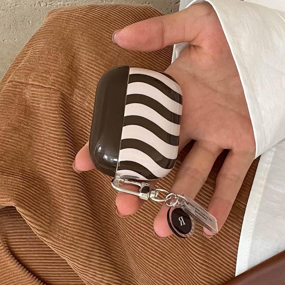 Korea Coffee Colour Curve Stripe Gloss Silicone Earphone Case For Apple AirPods 2 3 4 Pro 2 Protective Shell With Pendant