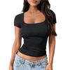 Women's Square Neck Short Sleeve Crop Top Slim Fit Sexy Solid Knit Casual Tee