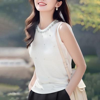 Summer New Round Neck Beaded Vest Women's Knitted Sweater
