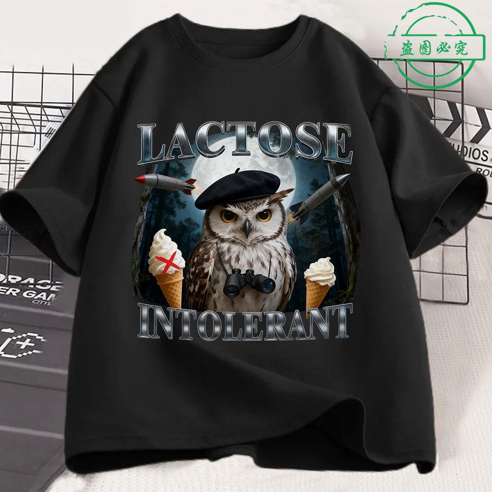 T-shirt Chat Drôle Intolérant au Lactose Unisexe Femme Mode Rétro Manches Courtes Coton Décontracté Confortable Oversize