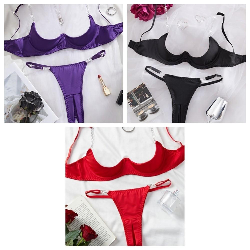 Hollow Lingerie Suit Chains Open Crotch Thong Sweet Bra Briefs Set Valentine's Day