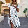 Women's Casual Fashion Lapel Floral Print Dress Short Sleeve V Neck Short Skirt