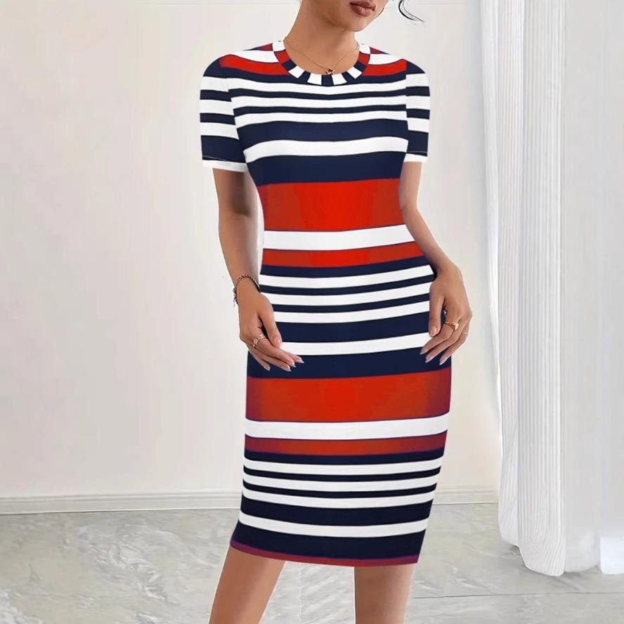 YYFS Women's Fashion Summer Spring Stripe Print Short Sleeve O-Neck High Waist Casual Dresses