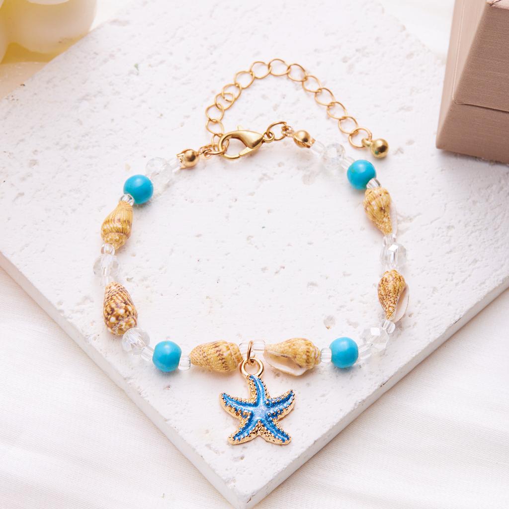 Trendige blaue Reiskorn-Kettenarmbänder für Damen Böhmisches Seestern-Muschel-Armband Sommer Strand Einfacher Schmuck Geschenke