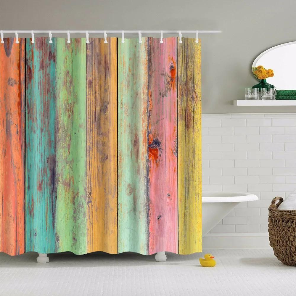 Vintage Style Wooden Door Bathroom Shower Curtains Frabic Waterproof Polyester Bath Curtain With Hooks