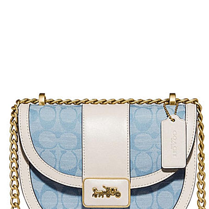 Coach Alie 21 Monogram Color Block Chain Chambray Canvas Print Leather And Fabric Saddle Bag Crossbody Small Women saddle bag C4694-B4SUX
