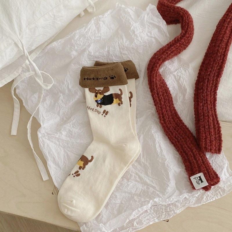 Puppy Embroidered Medium Tube Socks Flanged Cartoon Dachshund Dog Vertical Strip Stacking Socks Cute Niche Socks Women