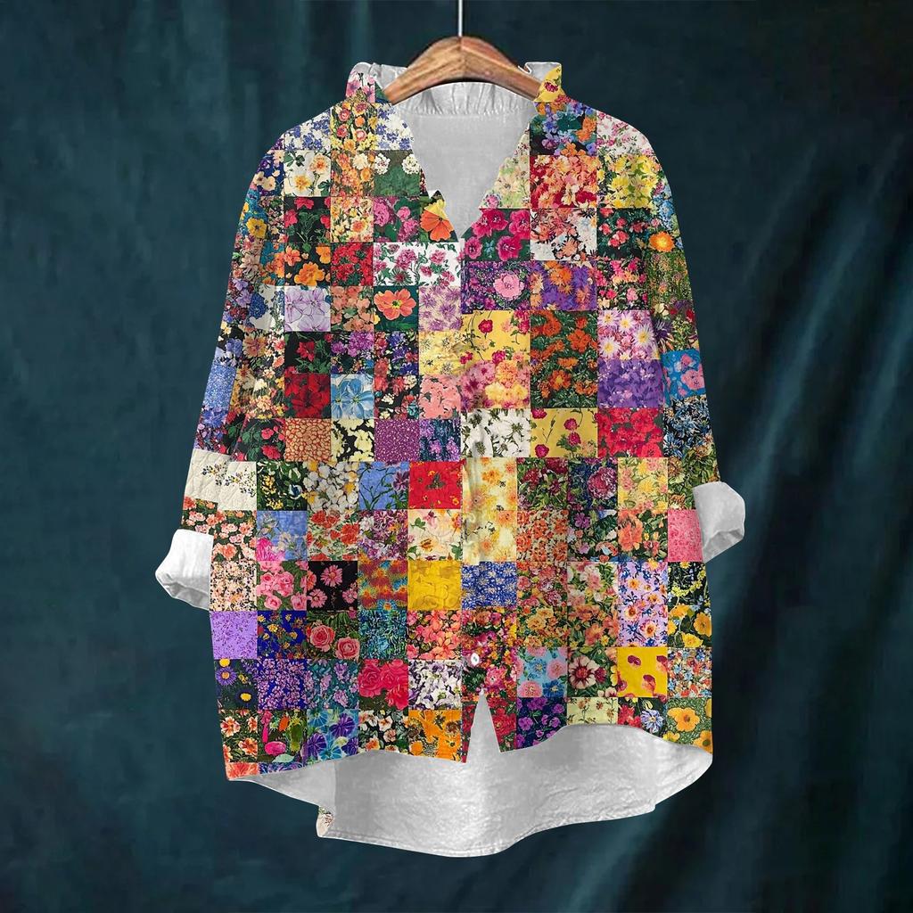 Women's Loose Ruffled Retro Floral Print Stand Collar Long Sleeve Cotton And Linen Top
