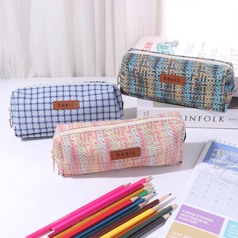 INS Simplicity Woven Pencil Case Kawaii Pen Bag Portable Cosmetic Storage Bag  Travel