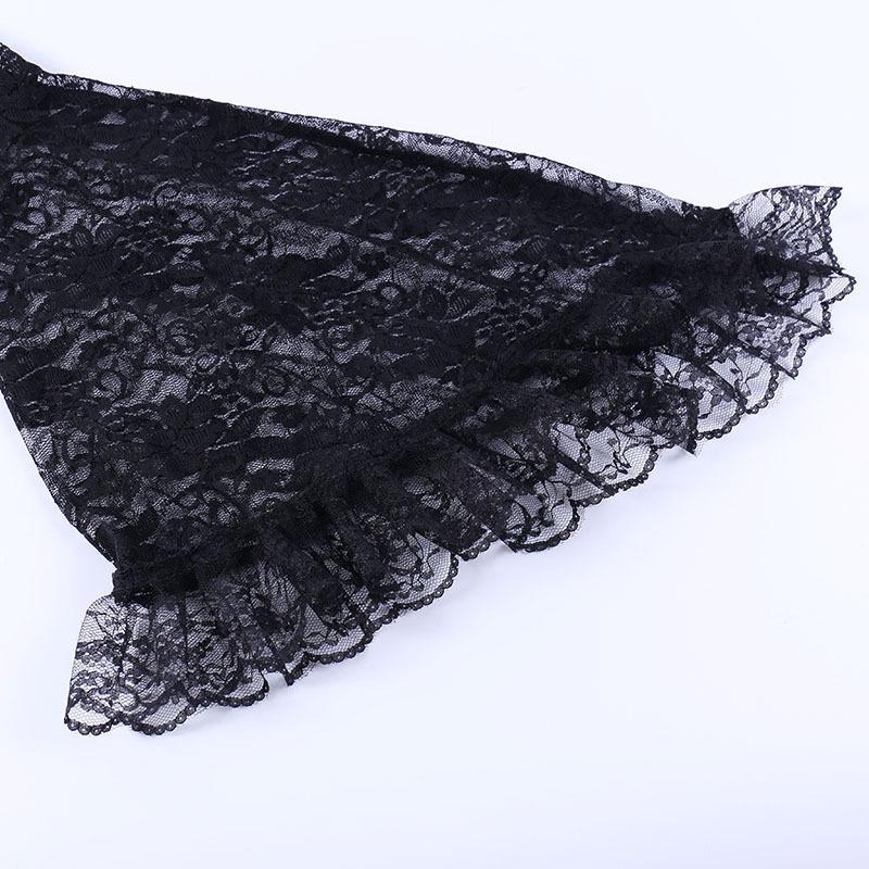 Women's Black Lace Bell Sleeve Halloween Top - Elegant Stand-up Collar