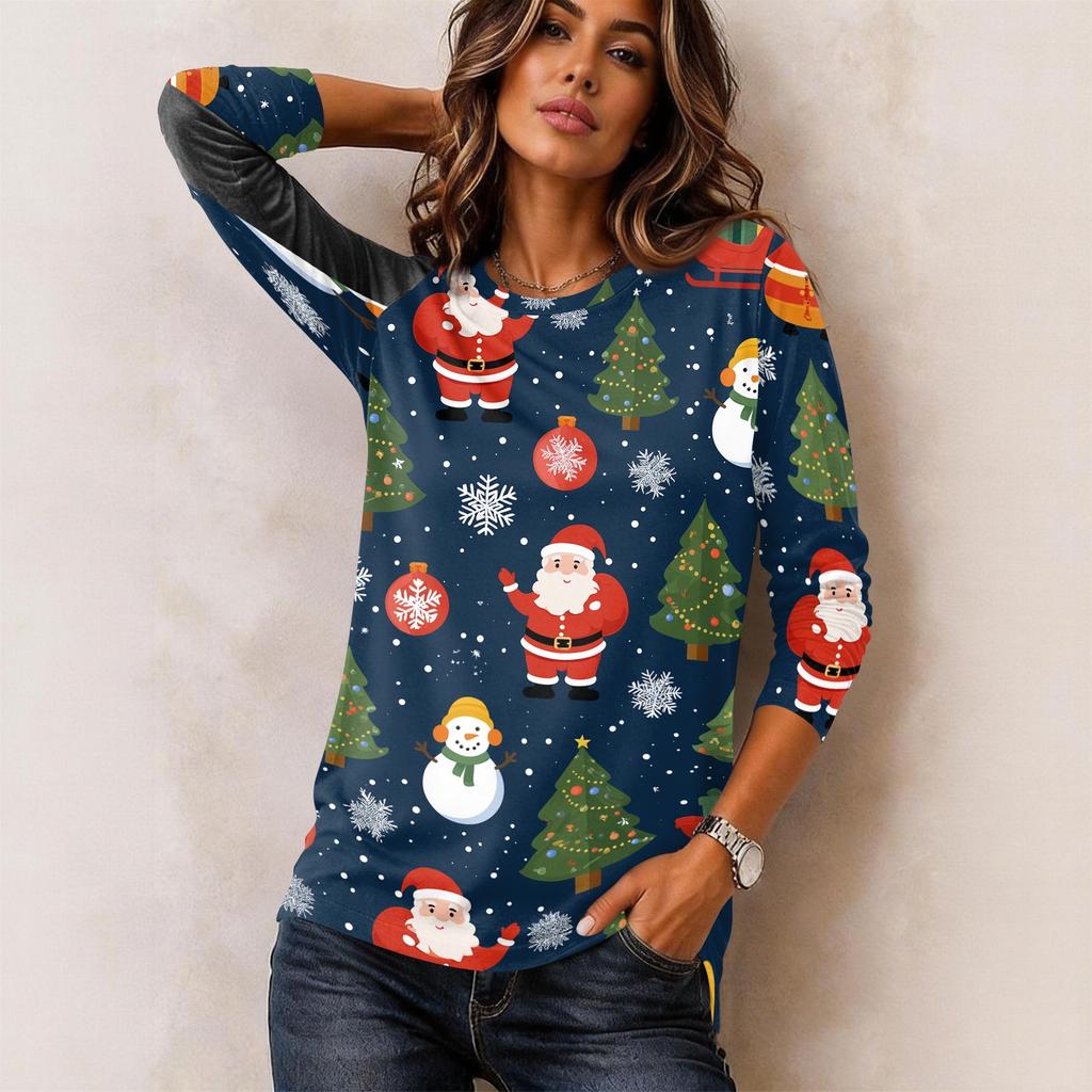 Women's Christmas Print Long Sleeve Neck Pullover Top