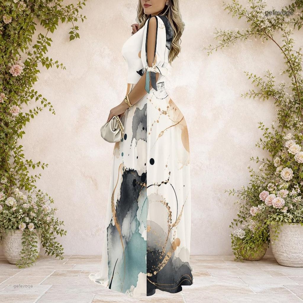 Women Plus Size V Neck Cold Shoulder Tie Short Sleeve Abstract Printed A Line Long Maxi Dress