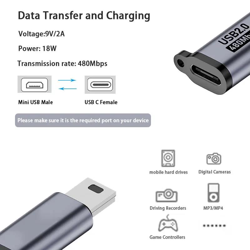 2PCS USB C Female to Mini USB 2.0 Male Adapter 480Mbps Data Transfer Charging Converter Connector for Digital Camera MP3 Player 3