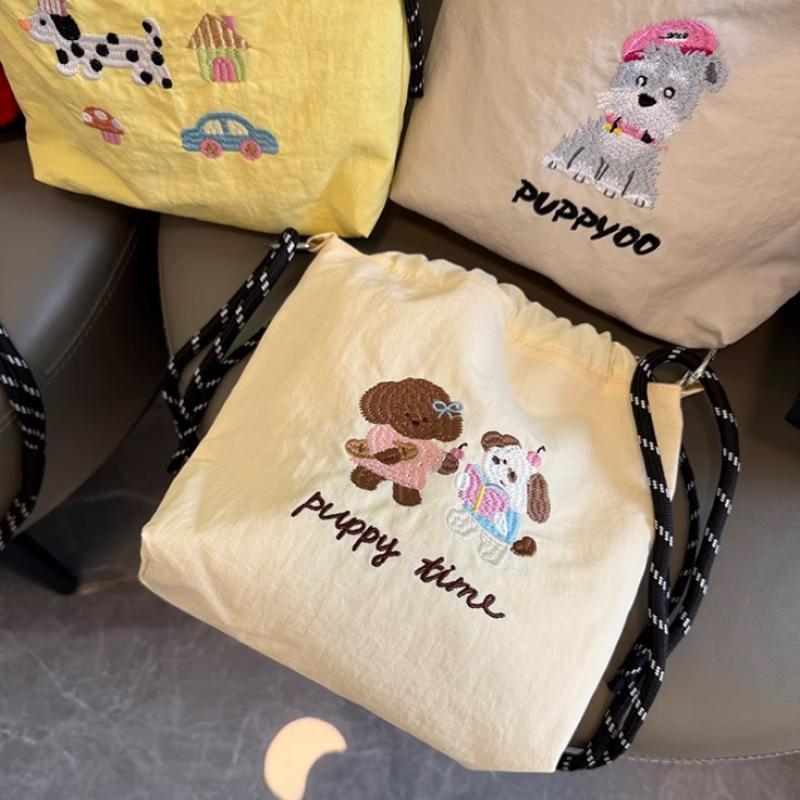 Cute Embroidery Women'S Drawstring Shoulder Bag Cartoon College Girls Book Tote Shopping Bags Large Capacity Female Handbags