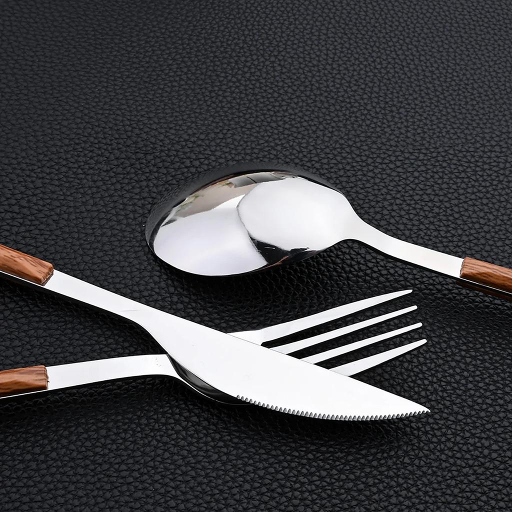 Zestaw 30 Sztuk Sztućców Stal Nierdzewna Imitacja Drewnianej Rączki Szczypce do Stołu Sztućce Zachodnie Nóż Widelec Łyżeczka do Herbaty