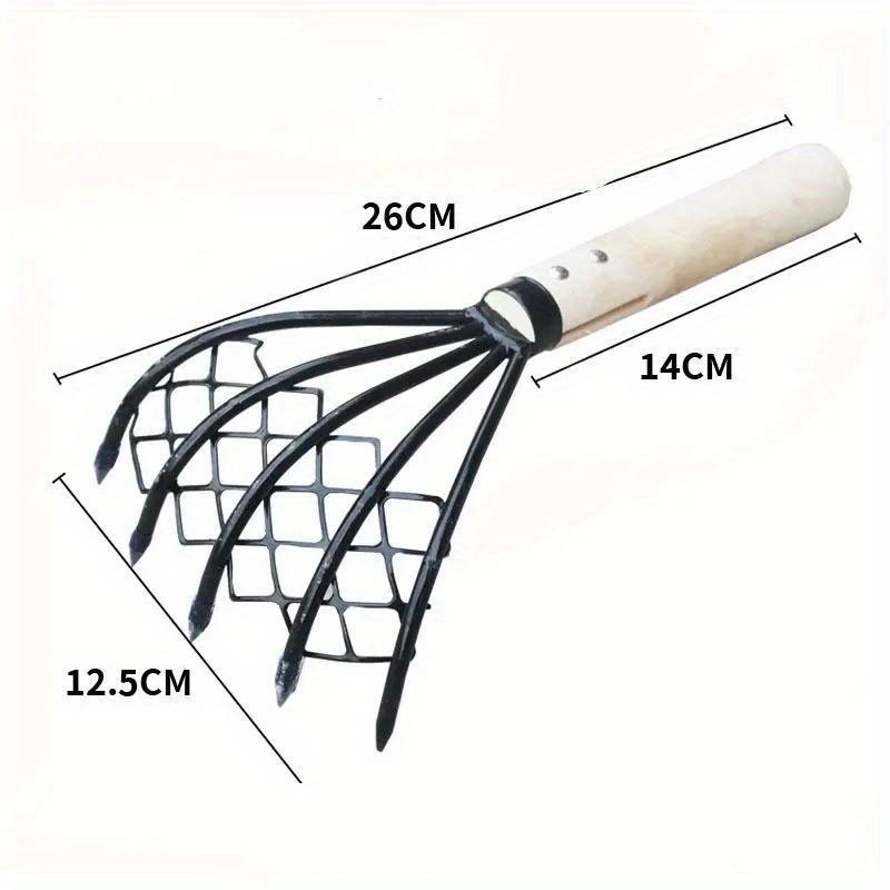 1PC Sturdy Compact Claw Rake with Mesh Net 5-Tine Clamming Claws Long Handled for Shell Clam Digger 15 Inch Hand Rake