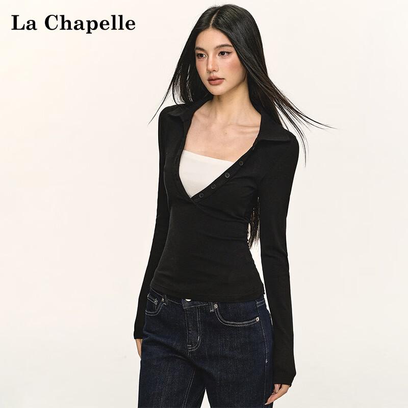 La Chapelle Women's Color-Block V-Neck Long-Sleeve Polo T-Shirt