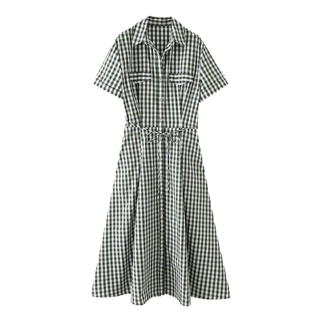 European and American Women's Clothing Summer New Plaid Shirt-style Short-sleeved Slim-fitting and Thin Gentle Style Dress