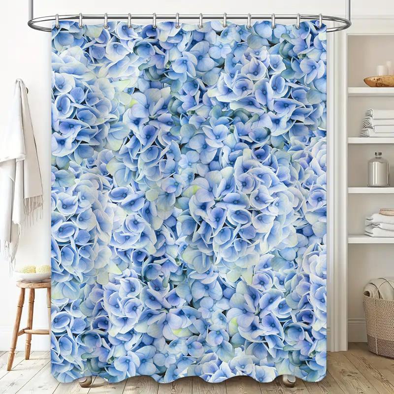 High-quality waterproof shower curtain with blue hydrangea pattern for bathroom decoration