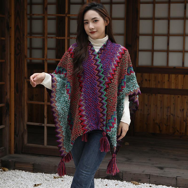 

Ethnic Style Shawl for Women To Wear When Traveling and Taking Photos Mohair Wool Knitted Large Cloak New Autumn and Winter Scarf 135*106CM