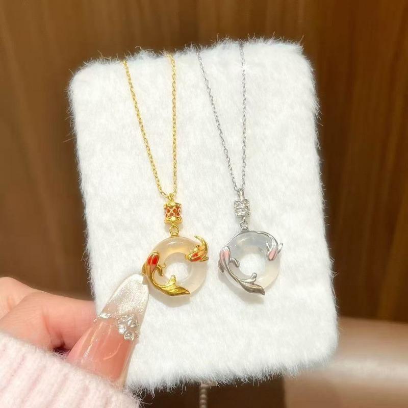 Women Chinese Style Koi Peace Buckle Clavicle Pendant Necklace Gift For Mom
