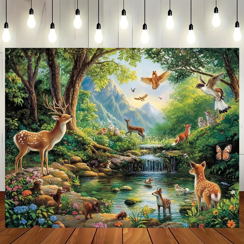 2D plane 1 piece of forest scene background cloth - deer foxes and birds suitable for all occasions