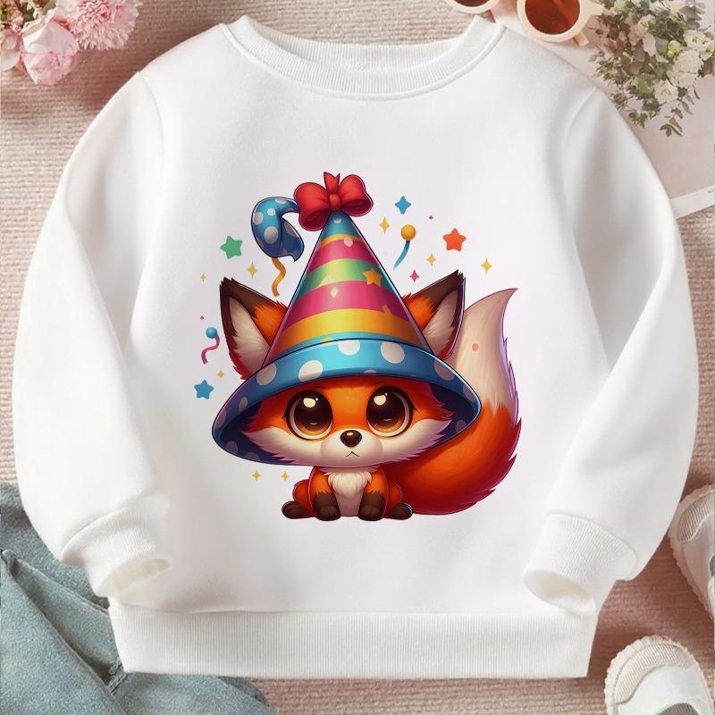 Kids Crewneck Sweatshirt, Festive Party Fox Graphic Print, Soft Casual Long Sleeve Pullover