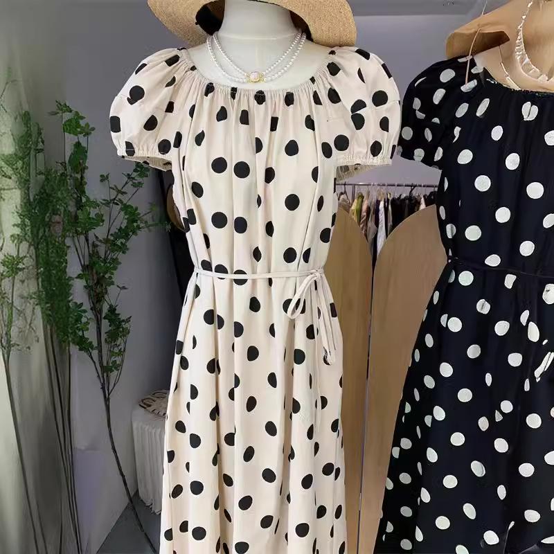 Women's Polka Dot Puff Sleeve Summer Dress - French Retro Style