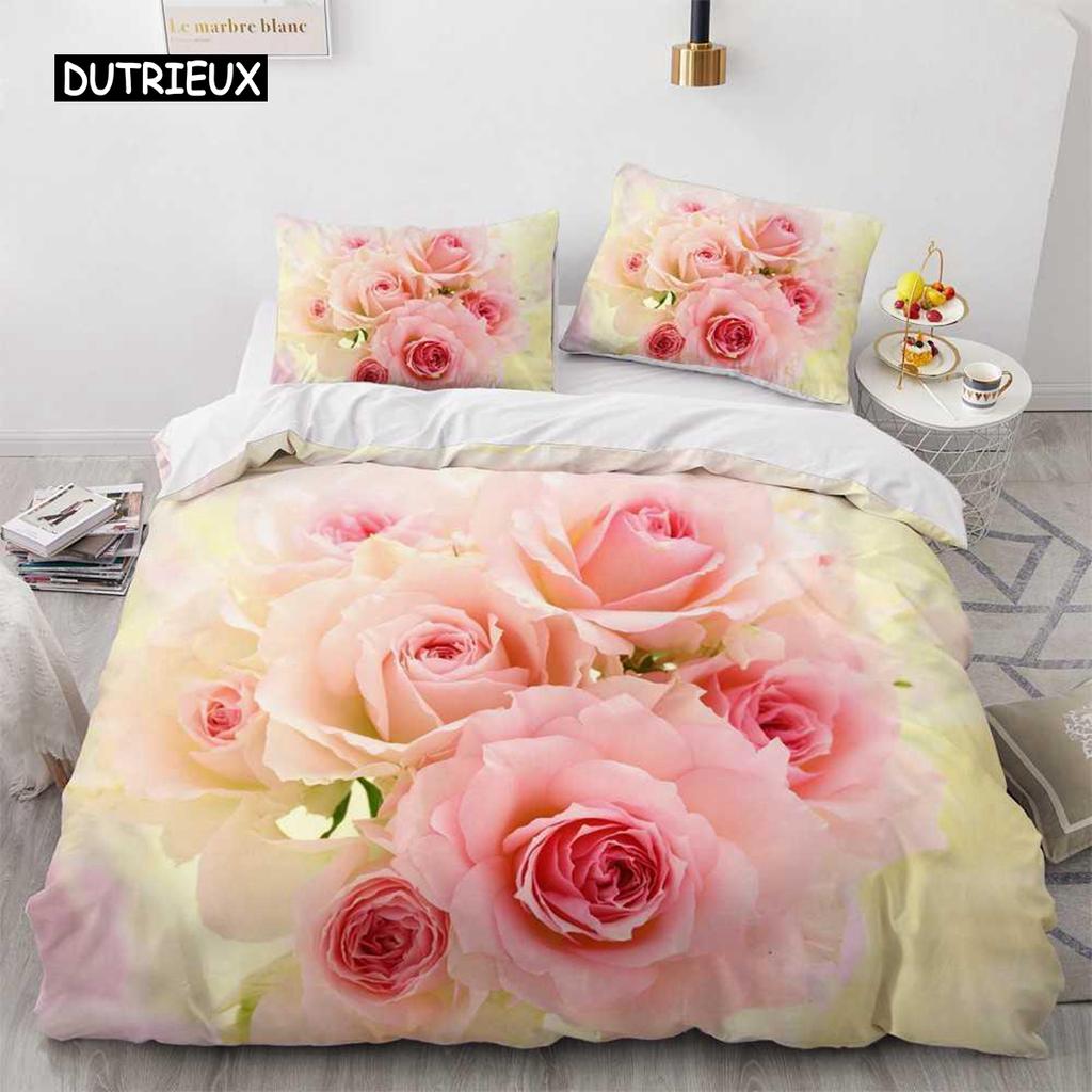 Flower Duvet Cover Set Microfiber Red Rose Bedding Set King Size Floral Print for Valentine's Day Mother's Day Soft Quilt Cover