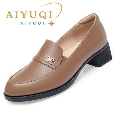 Damenschuhe, große Größe, echtes Leder, Damen-Kleiderschuhe, lässig, runde Zehenpartie, britischer Stil, mittlerer Absatz, Damenschuhe