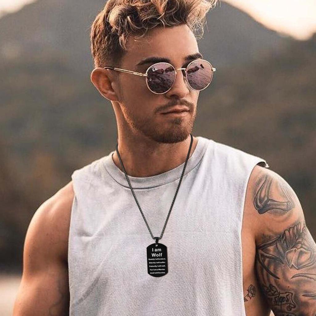 Double Sided Wolf Necklace for Men, Gothic Black Stainless Steel Dog Tag Pendant, Wild Military Tough Man Punk Rock Jewelry