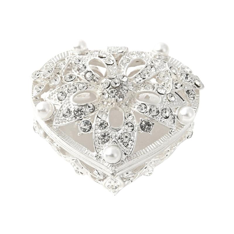 Romance Heart Shaped Metal Jewelry Storage Box Decorated With Diamonds And Pearls