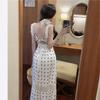 Polka dot lace long backless dress women's summer new sweet waist and thin temperament suspender dress