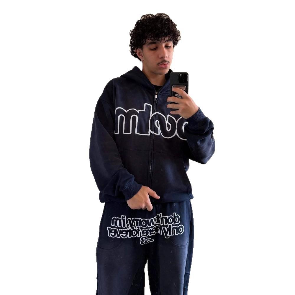 Bordado de letras otoño e invierno exterior casual chaqueta suéter sudadera con capucha conjunto de pantalones pre-