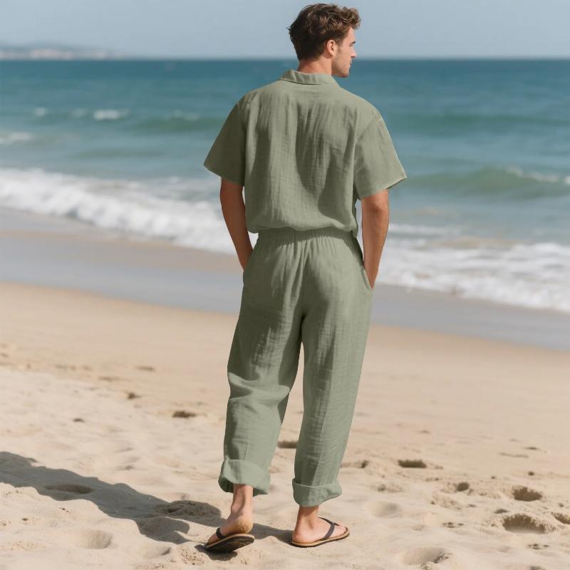 Męskie casualowe bawełniane lniane dwuczęściowe zestawy plażowe vintage podstawowe koszule i spodnie jednolity kolor casualowy garnitur męski hawajski dres