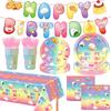 Birthday Party Supplies with Cartoon Food Characters and Happy Birthday Art for Table Arrangements and Hanging Displays