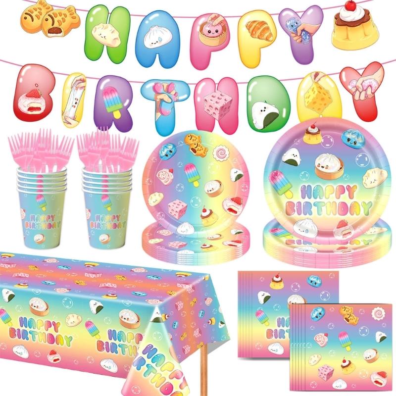 Birthday Party Supplies with Cartoon Food Characters and Happy Birthday Art for Table Arrangements and Hanging Displays