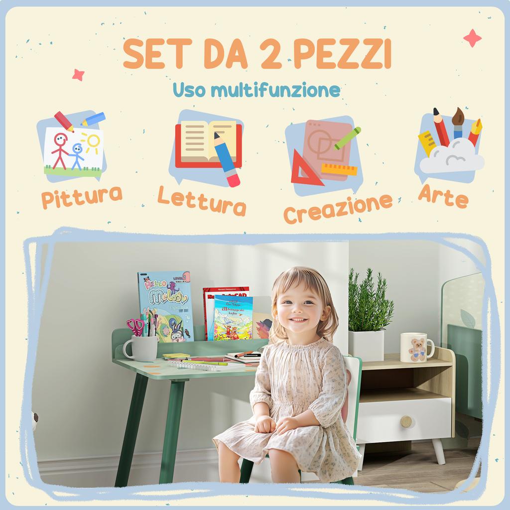 Children's Chair and Table Set with Storage Shelf, In MDF and Pine Wood, Green