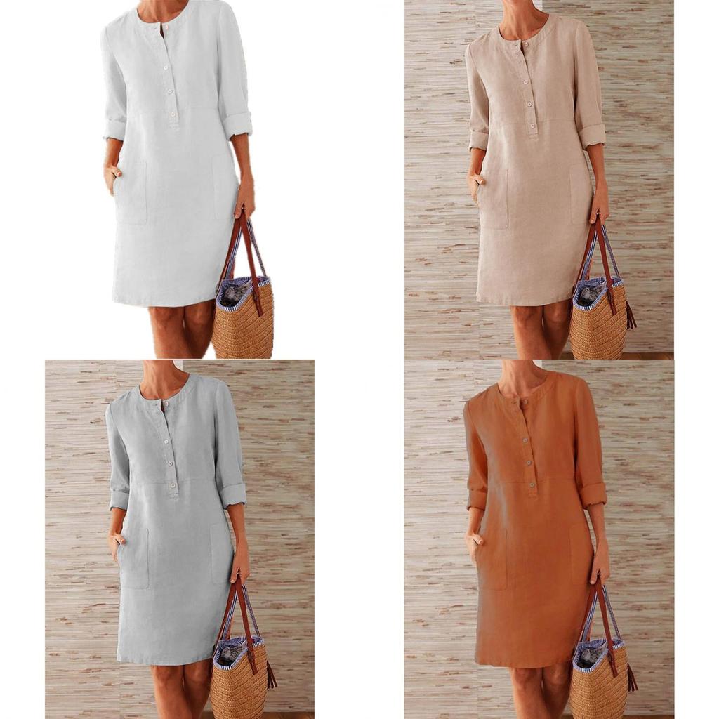 Cotton Linen Long Sleeve Dress With Spliced Design For Casual Office Wear