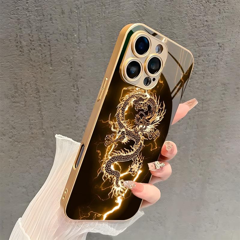 Golden Lightning Dragon Pattern Metallic Paint Glass Phone Case For iPhone 17 Pro Max 14 15 Pro 16 Plus 17Air 16E Cover