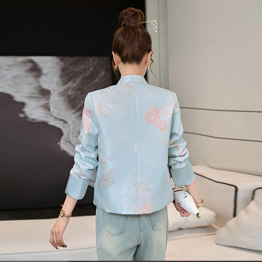 Blue jacquard jacket women's spring and autumn new temperament age-reducing button-up top