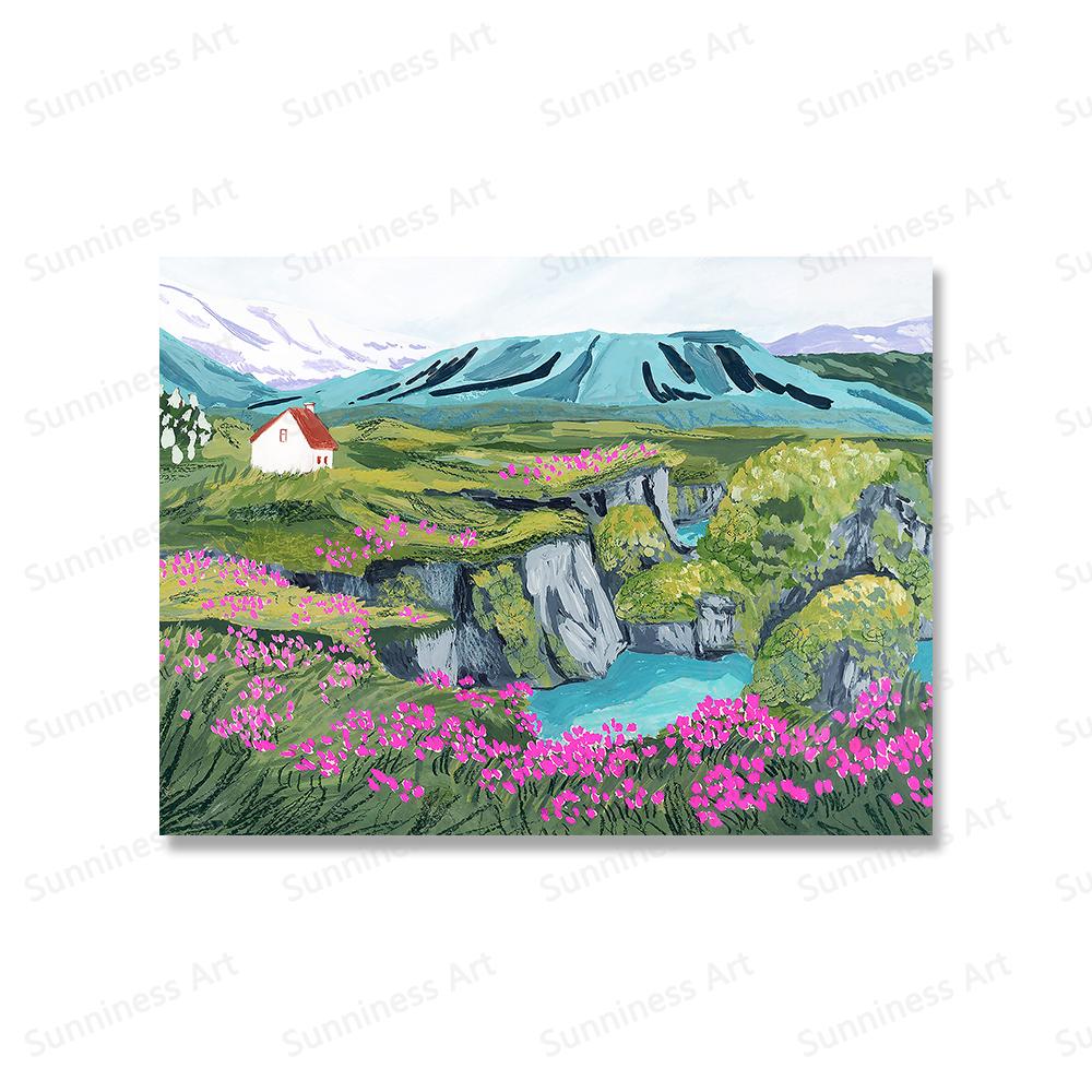 Island Reiseplakat Leinwandmalerei Bunte Hochlandlandschaft Heiße Quellen Tal Wandkunst Druck für Wohnzimmer Heimdekor