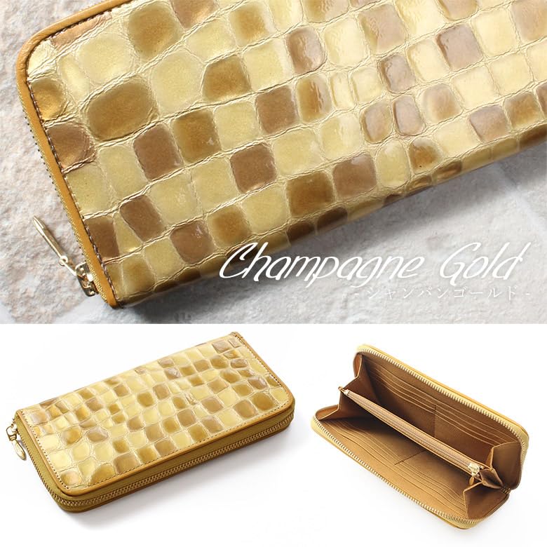 Blanc Pomme Women's Stained Glass Long Wallet, Made in Japan, YKK Zipper, Genuine Leather, Round Zipper, Colored Piping, rp-1001, Champagne Gold